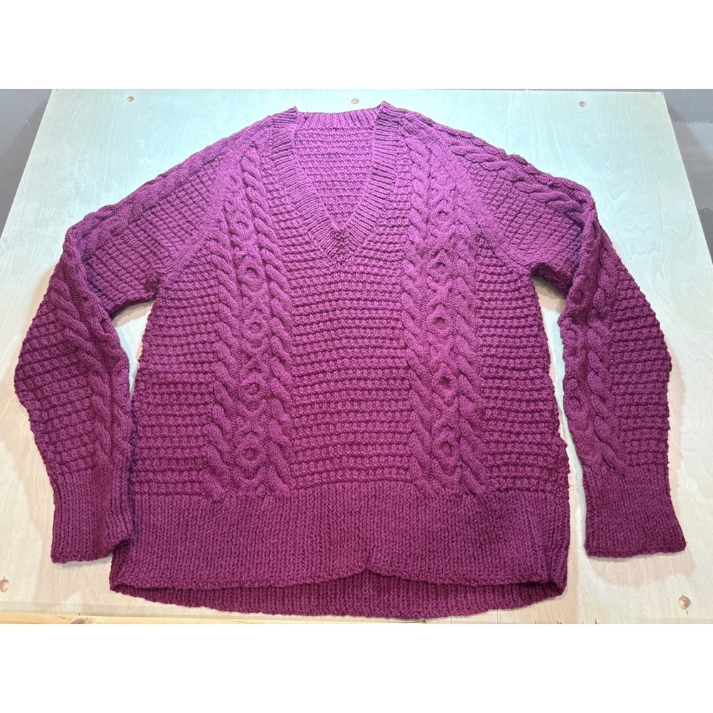 Chunky Cable Knit Sweater Mens Purple Plum Textured Oversized V-Neck Pullover